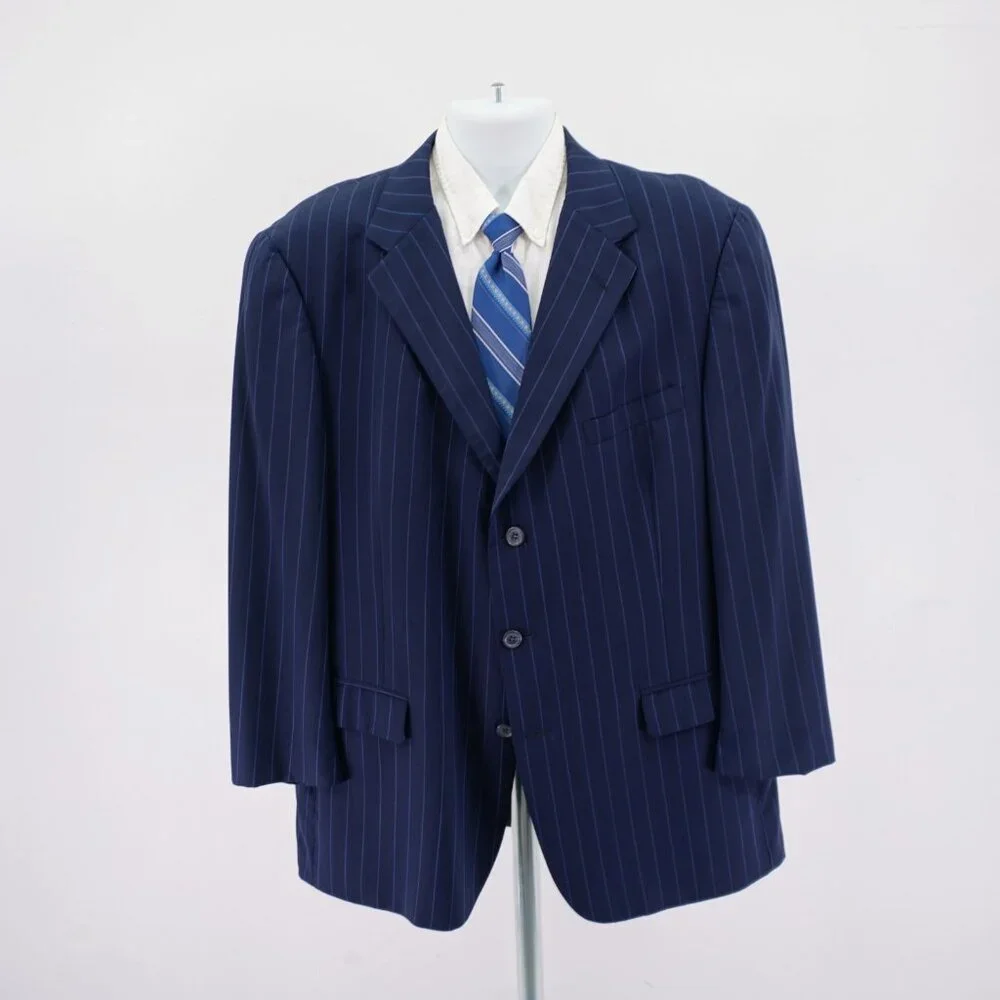 Tommy Hilfiger Blue Striped Wool 2 Piece Suit 46R 40 / 28.5 3 Button High Rise P